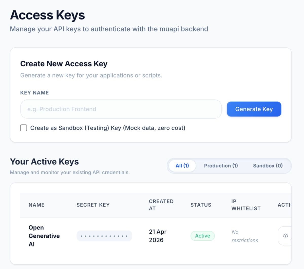 Halaman Access Keys muapi dengan form Generate Key