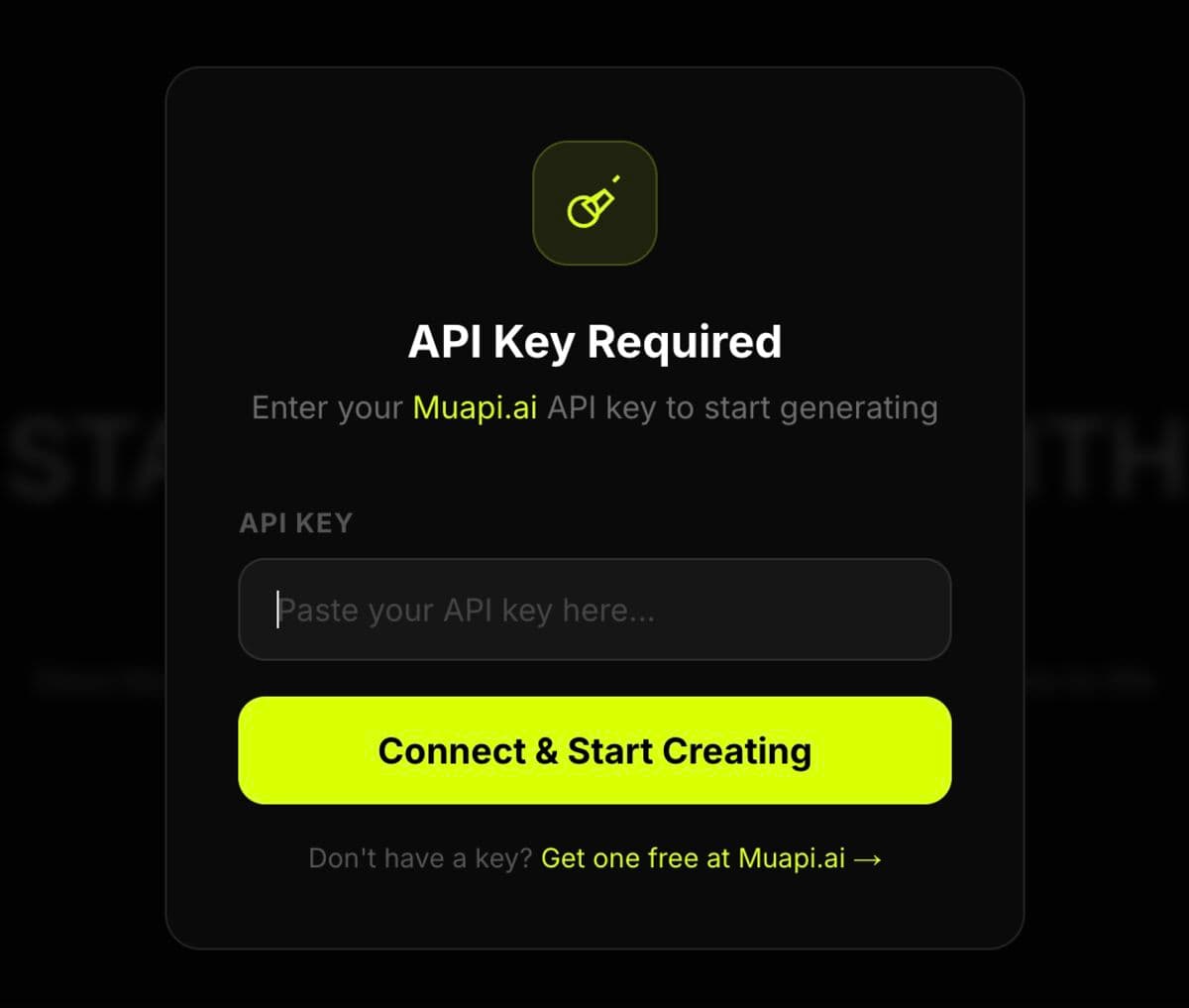 Modal API Key Required di Open Generative AI dengan field paste dan tombol Connect & Start Creating