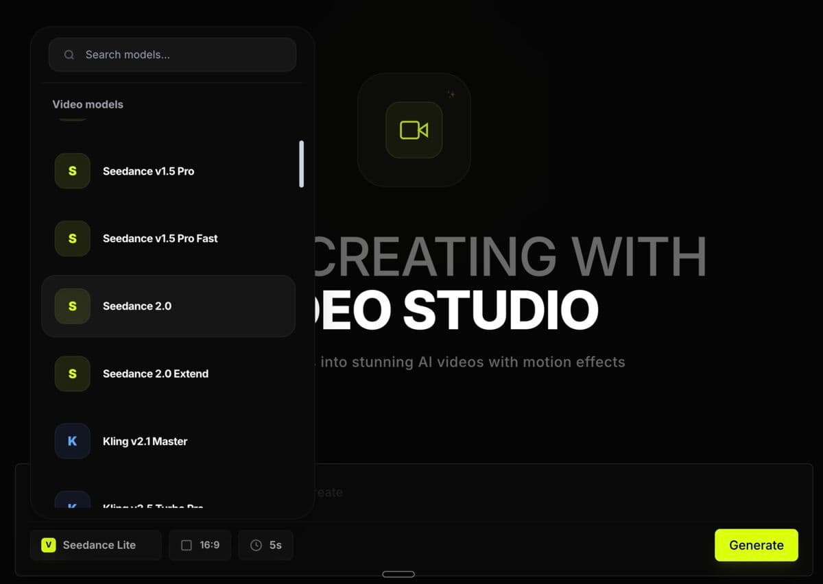 Video studio Open Generative AI dengan model Seedance 2.0 dan Kling di dropdown