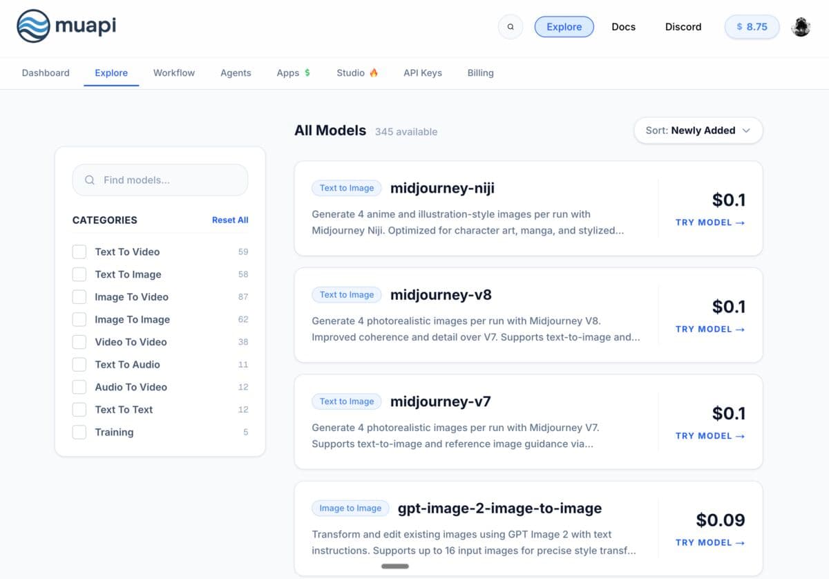 muapi model explorer nampilin harga per model buat image dan video